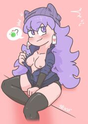 1female 1girls breasts female_focus long_hair nipples purple_eyes purple_hair teka77909771