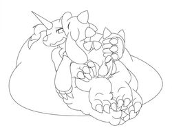 balls black_and_white circumcised digimon dragon duo erection gabumon horn humanoid_penis line_art male monochrome on_top_of penis sagging_balls scalie slashy_slashy sleeping tempestar_(fursona) yaoi