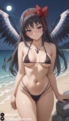 ai_generated akemi_homura beach black_hair blush cleavage covered_nipples full_moon gumi_arts hair_ornament long_hair looking_at_viewer medium_breasts micro_bikini navel night ocean puella_magi_madoka_magica purple_eyes ribbon rock sand stable_diffusion watermark wet wings