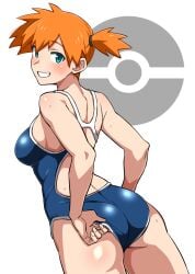 adjusting_clothes adjusting_swimsuit aqua_eyes ass asymmetrical_hair back bare_arms bare_shoulders blue_eyes blue_one-piece_swimsuit blush breasts competition_swimsuit creatures_(company) female female_focus from_behind game_freak grin gym_leader highres huge_ass human jpeg kasumi_(pokemon) large_breasts looking_at_viewer looking_back mantan medium_breasts nintendo one-piece_swimsuit orange_hair pokemon pokemon_(anime) pokemon_(classic_anime) pokemon_frlg pokemon_rgby ponytail shiny_skin short_hair side_ponytail sideboob smile solo standing sweat swimsuit teeth thick_thighs thighs