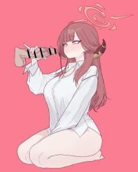 1boy aru_(blue_archive) bar_censor blue_archive censored commentary_request demon_horns disembodied_penis erection female full_body halo highres horns korean_commentary long_sidelocks looking_at_penis low_horns mosaic_censoring penis penis_grab pink_background pink_hair pink_halo seiza shirt sidelocks sitting straight thighs yoo_mu1004