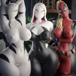 2024 3girls antiheroine bodysuit curvy_figure digital_media_(artwork) facemask female glowing_eyes lady_deadpool marvel masked_face masked_female nipples_visible_through_clothing ponytail pussy_lips pussy_visible_through_clothes pussy_visible_through_leotard spider-gwen superheroine tight_clothing white_tiger_(marvel) wotm8h8