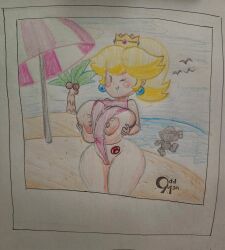 0ddmankad 1boy 1girls areolae beach big_breasts blonde_hair blush breasts crown female male mario mario_(series) nipples one_eye_closed paper_mario paper_peach princess_peach smile swimsuit traditional_media_(artwork) wink