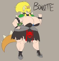 boobs bowsette cinderdraws cleavage dragon female hair huge_breasts muscular muscular_female spikes super_crown super_mario_bros. tagme tail text thick_thighs wide_hips