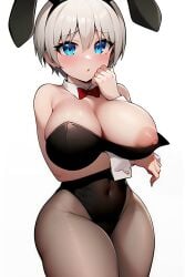 1girls ai_generated areolae blue_eyes breasts bunny_ears bunny_girl bunnysuit cucarachaaa female grey_hair hi_res hips huge_breasts large_areolae nipples one_breast_out short_hair simple_background thick_thighs thighs uzaki-chan_wa_asobitai! uzaki_hana wide_hips