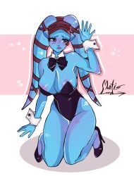 aayla_secura alien alien_girl alien_humanoid big_breasts blue_body blush brown_eyes bunny_costume bunnysuit colored_skin female female_focus female_only kneeling mantislord nervous nervous_sweat star_wars tentacle twi'lek