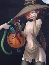 blue_eyes center_opening dildo dress elbow_gloves female fingerless_gloves full_moon garter_straps glasses gloves hair_over_one_eye halloween hand_on_own_face hat highres impossible_clothes impossible_dress jack-o'-lantern jiffic moon navel no_panties orange_hair original pussy_juice shaea_(jiffic) smile solo strapless_dress tentacle thighhighs trick_or_treat witch_hat