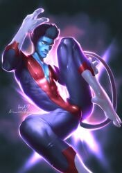 angel27 blue_body blue_fur blue_hair bodysuit bulge costume demon_tail gloves kurt_wagner latex_suit male male_focus male_only marvel marvel_comics muscular muscular_male nightcrawler pointed_ears pointed_tail simple_background solo solo_focus tail three_fingers white_eyes x-men