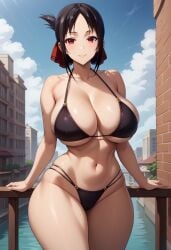 1girls ai_generated big_breasts bikini black_bikini black_hair breasts female female_focus female_only hips huge_breasts kaguya-sama_wa_kokurasetai_~tensai-tachi_no_renai_zunousen~ large_breasts looking_at_viewer navel red_eyes shinomiya_kaguya smiling smiling_at_viewer thick_thighs thighs wide_hips