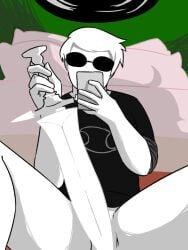 1boy dave_strider homestuck legs_apart legs_spread looking_at_viewer male male_only posing posing_for_picture posing_for_the_viewer presenting selfie shades solo solo_male sunglasses sweater sword