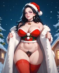 ai_generated bell_collar big_breasts black_hair blush christmas christmas_outfit cleavage eogard_orc hairy_pussy looking_at_viewer opening_jacket outside perfect_body purple_eyes red_stockings seductive self_upload snow stable_diffusion stockings teasing the_witcher_(series) the_witcher_3:_wild_hunt walking winter winter_jacket yennefer