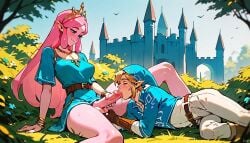 adventure_time ai_generated blowjob crossover fondling_balls futa_on_male futanari hand_on_penis link link_(breath_of_the_wild) lying_on_side mahamoan outside outside_sex princess_bubblegum princess_zelda_(cosplay) sitting sitting_upright the_legend_of_zelda