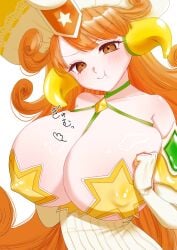 blush_lines breast_squeeze breasts clenched_hands covered_erect_nipples cute female furrowed_brow huge_breasts kai_(battle_cats) looking_at_viewer nyanko_daisensou pout squishy_breasts star_pasties the_battle_cats upper_body