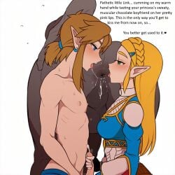 after_rimming ai_generated anus bent_over blonde_hair blue_eyes cuckold green_eyes handjob implied_anilingus interracial kissing link long_hair medium_breasts muscular_male netorare saliva_trail skinny_male small_penis text the_legend_of_zelda:_breath_of_the_wild white_background zelda_(breath_of_the_wild)