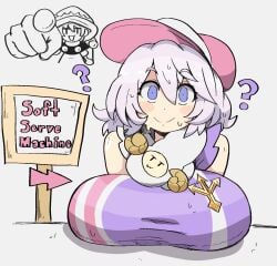 2girls big_breasts breasts clothed_female doodle doremy_sweet hat lavender_hair letty_whiterock light-skinned_female mature_female meme notnoe_(dxcl) purple_eyes purple_hair sign touhou touhou_lost_word white_background