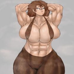 arms_behind_head arms_up big_breasts big_breasts bored_expression brown_hair colored gandril_yoseff huge_breasts huge_breasts muscles muscular muscular_female musky oc strong_woman sweat sweaty wide_hips