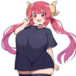 black_shirt horns huge_breasts ilulu_(dragon_maid) ilulu_(maidragon) miss_kobayashi's_dragon_maid pink_eyes pink_hair shortstack thighhighs