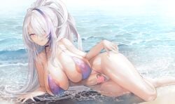 areola_slip azur_lane bare_arms bare_legs beach bikini breasts closed_mouth covered_nipples eyes_visible_through_hair female hair_over_one_eye heart heart-shaped_pupils highleg highleg_bikini highres large_breasts long_hair lying multicolored_hair navel ocean official_alternate_costume on_side paid_reward_available pubic_tattoo purple_bikini purple_eyes purple_hair solo streaked_hair swimsuit symbol-shaped_pupils tattoo unzen_(azur_lane) unzen_(sojourn_through_clear_seas)_(azur_lane) variant_set white_hair yusha_m