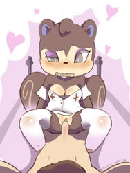 1boy 1girls animal_crossing bed blush breasts chipmunk cowgirl_position furry human interspecies muttgirl nintendo nurse outfit pecan_(animal_crossing) penis pussy rodent sex squirrel straight