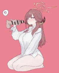 1boy aru_(blue_archive) bar_censor blue_archive censored commentary_request demon_horns disembodied_penis doodle_sensei_(blue_archive) erection female full_body halo highres horns korean_commentary long_sidelocks looking_at_penis low_horns mosaic_censoring penis penis_grab pink_background pink_hair pink_halo seiza sensei_(blue_archive) shirt sidelocks sitting straight thighs yoo_mu1004