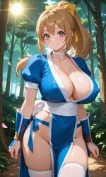 ai_generated cleavage cosplay crossover dead_or_alive female forest game_freak grey_eyes honey_blonde_hair kasumi_(doa) kasumi_(doa)_(cosplay) koei_tecmo large_breasts long_hair nature nintendo no_bra no_panties no_underwear pixai pokemon pokemon_xy revealing_clothes serena_(pokemon) serena_(pokemon_games) silf smile solo tagme tecmo thighhighs