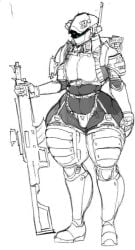 1girls armor female_only firearm futuristic_armor gun helmet holding_gun lewdicrousart military_uniform monochrome robot robot_girl scope small_chest thick_thighs wide_hips