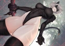 1girls 2024 big_breasts black_thighhighs blindfold calad_g cat_ears cat_ears_hairband female female_only katana leotard light-skinned_female light_skin looking_at_viewer nier:_automata sharp_fingernails solo tail thick_thighs thighhighs white_hair yorha_2b