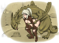 bent_over big_breasts blue_eyes blush breasts caracol censored claws clothing consensual cum cum_drip cum_inside dracophilia dragon dripping duo erection female feral from_behind hair horn human legwear male mammal penetration penis red_eyes saliva scales shirt shirt_lift teratophilia thigh_highs white_hair zoophilia