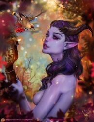 1girls alfira baldur's_gate baldur's_gate_3 breasts dungeons_and_dragons forgotten_realms highres horns long_hair medium_breasts orange_eyes purple_hair purple_lipstick purple_nipples purple_skin tiefling tigrsasha