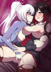 2girls 6457i blue_eyes blush clothed clothed_female clothed_sex dark_hair exposed_breasts fingering hair_ornament large_breasts lesbian_sex licking_lips red_hair ruby_rose rwby silver_eyes smug smug_face thick_ass thick_thighs tiara weiss_schnee white_hair