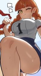 ass_visible_through_thighs big_breasts orange_hair pointy_ears red_hair shorts sportswear sweat thick_thighs thighs twintails unicorn_overlord wink winking_at_viewer workout workout_clothes yellow_eyes yunifi_(unicorn_overlord)