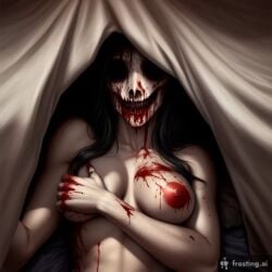 ai_generated bed big_breasts black_hair blood blood_in_mouth breasts claws fangs female frosting.ai horror long_hair looking_at_viewer monster no_eyes nude skeleton_face smile white_body