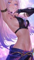 1girls armpit_crease armpit_fetish armpits belly_button blue_eyes braid breasts citlali_(genshin_impact) genshin_impact long_hair midriff presenting_armpit purple_hair sideboob small_breasts solo