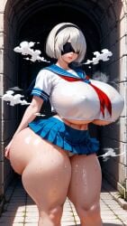 1girls ai_generated big_breasts breasts cameltoe huge_breasts jiuyang-hsien large_breasts nier:_automata platinum_games playstation school_uniform serafuku short_hair square_enix thick_legs thick_thighs tight_clothing white_hair yorha_2b