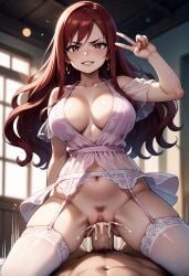 ai_generated brown_eyes cleavage cowgirl_position cum_in_pussy determined erza_scarlet fairy_tail garter_straps large_breasts lingerie looking_at_viewer payop pony_diffusion_xl pov red red_hair silk smug stockings vaginal_penetration vaginal_sex victory_pose