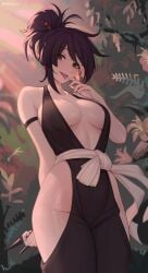 1girls bare_arms bare_shoulders breasts brown_eyes center_opening female hip_vent japanese_clothes jigokuraku kunai kunoichi large_breasts nature ninja outdoors outside ponytail purple_hair revealing_clothes robe shellvi sleeveless solo tongue tongue_out weapon yuzuriha_(jigokuraku)