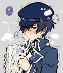 1girls ahemaru beer_mug blue_hair blush clothed cum cum_drinking cum_in_container cum_in_cup cum_in_mug cup drinking drinking_cum female female_only hat persona persona_4 shirogane_naoto solo tagme