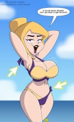 1girls arms_behind_head arrow arrow_(symbol) artist_name big_boobs big_breasts bikini bikini_bottom bikini_top blonde_hair bottomwear breasts built_for_bbc cleavage english english_text female female_only gameoverse gameplay_mechanics hair half-closed_eyes hips huge_breasts ilpanza lips lipstick miss_information_(gameoverse) motion_lines purple_bikini purple_eyes purple_lips purple_lipstick solo solo_female speech_bubble swimwear text thighs tied_hair topwear woman woman_focus woman_only