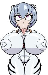 1girls :>= big_breasts blowjob_face breasts color colored huge_breasts neon_genesis_evangelion nikunigushii nipple_bulge nipple_outline pink_eyes rei_ayanami simple_background skinsuit solo solo_female thick_thighs tongue tongue_out