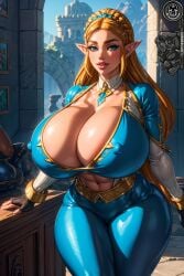 abs ai_generated big_breasts blonde_hair braided_hair breasts_bigger_than_head bythebrokenone elf elf_ears female female_only princess_zelda