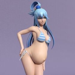 1girls 3d aqua_(konosuba) belly big_belly bikini blue_hair breasts female kono_subarashii_sekai_ni_shukufuku_wo! pregnant sandsage solo