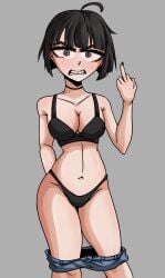 big_boobs big_breasts big_tiddy_goth_gf big_tits black_bra black_hair black_panties choker ear_piercing emo emo_girl flipping_off flipping_viewer_off goth goth_girl grey_eyes grey_nail_polish grey_nails gritted_teeth looking_at_viewer original_character rattminded short_hair shorts_around_knees shorts_down