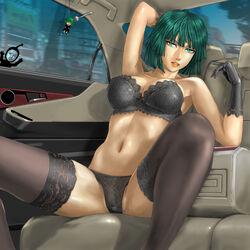 1girls arm_behind_head arm_up black_bra black_gloves black_panties black_thighhighs blue_eyes bra breasts car car_interior female female_only fubuki_(one-punch_man) gloves green_hair hand_behind_head human lace lace-trimmed_bra lace-trimmed_gloves lace-trimmed_panties lace-trimmed_thighhighs large_breasts leaning_back looking_at_viewer navel one-punch_man panties parted_lips short_hair sitting solo spoon spread_legs spreading teeth thighhighs toten_(artist) voodoo_doll