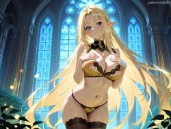 1girls ai_generated alpha_(the_eminence_in_shadow) anilvl bangs bare_arms bare_shoulders black_thighhighs blonde_hair blue_eyes blush bra breast_suppress breasts breasts_out cleavage closed_mouth cowboy_shot elf forehead hands_on_own_chest indoors lace-trimmed_bra lace_trim large_breasts leaning_forward lingerie long_hair long_pointy_ears looking_at_viewer navel nipples panties parted_bangs parted_lips pointy_ears solo standing stomach the_eminence_in_shadow thighhighs thighs underwear underwear_only very_long_hair window yellow_bra yellow_panties