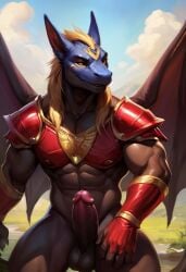 ai_generated anthro anthro_only balls ballsack dragon ear ears_up erect_penis erection male male_only multicolored_body muscles muscular muscular_male wings