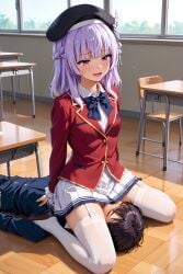 1boy 1girls ai_generated beret blush bow classroom_of_the_elite ecchidreams facesitting hi_res legwear loafers medium_breasts medium_hair open_mouth pleasure_face pleasured pleated_skirt purple_eyes purple_hair sakayanagi_arisu school_uniform schoolgirl shirt sitting sitting_on_face sitting_on_person skirt smile stable_diffusion thighhighs white_legwear white_thighhighs