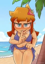 1female 1girls beach blue_eyes breasts clothed clothing female female_focus flower flower_in_hair futanari_version_available heart heart-shaped_pupils hearts mostly_nude navel palm_tree pussy sand sky steamy steamy_breath teka77909771 thighs tree water