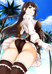 ass black_eyes black_hair black_legwear black_panties blush breasts female frilled_legwear frills from_behind from_below gloves goggles goggles_on_head granblue_fantasy gustav_(telomere_na) jessica_(granblue_fantasy) long_hair looking_at_viewer panties skirt smile solo thighhighs underwear upskirt white_gloves