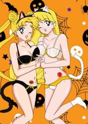 2girls alluring big_breasts bishoujo_senshi_sailor_moon blonde_hair blue_eyes bra cleavage halloween minako_aino panties rin_kanbara underwear usagi_tsukino yuri