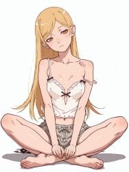 ai_assisted ai_generated blonde_hair camisole expressionless female kiss-shot_acerola-orion_heart-under-blade kizumonogatari monogatari_(series) oshino_shinobu pointy_ears simple_background solo spasibo15 vampire vampire_girl white_background yellow_eyes